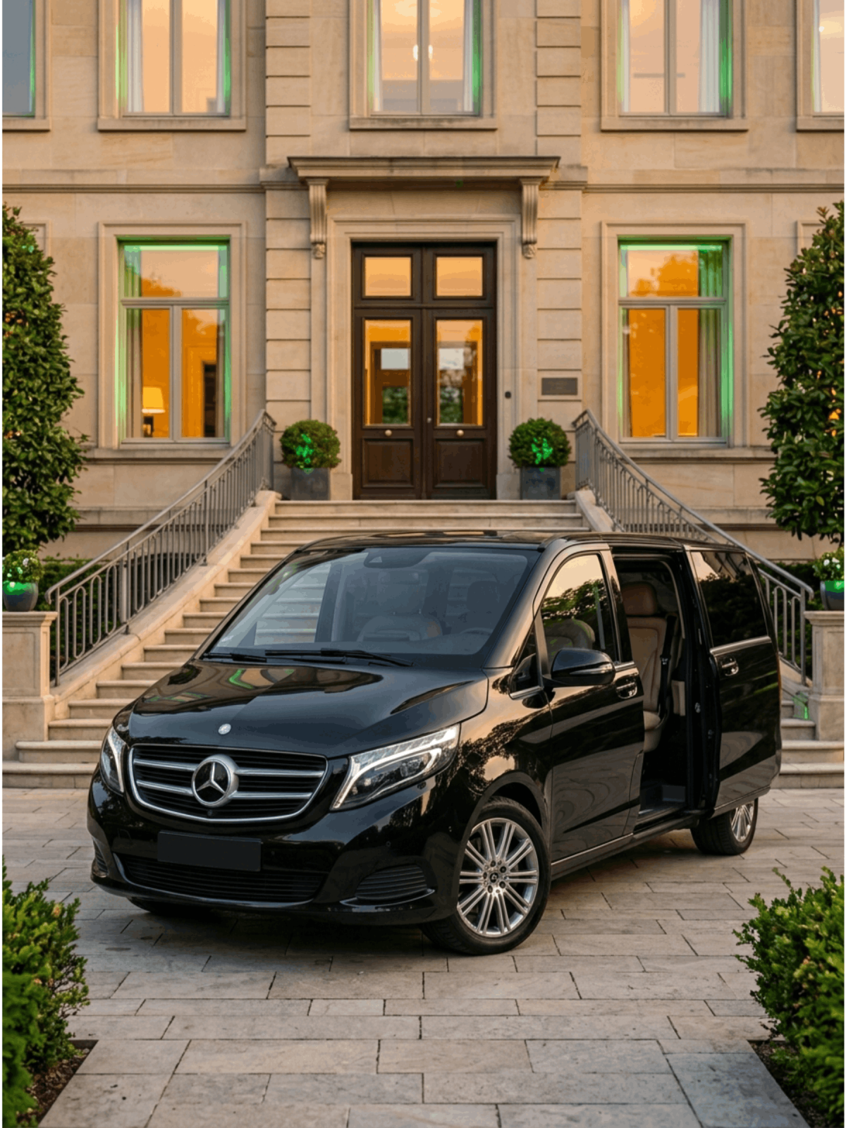 Mercedes Classe V devant entrée prestige — service VIP événements